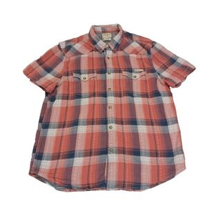 Lucky Brand Womens L Western Shirt Pearl Snap Red Blue Plaid Short Sleeve